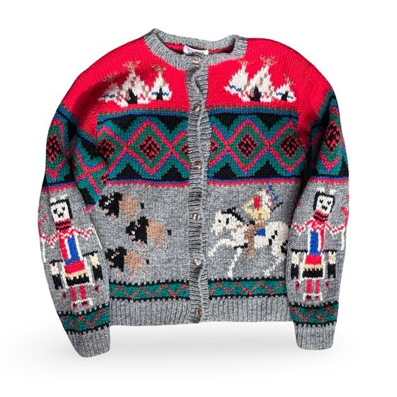 Vintage Sweaters - Vintage Skyr Sportswear Shetland Wool Western Knit Cardigan Medium Folk Art